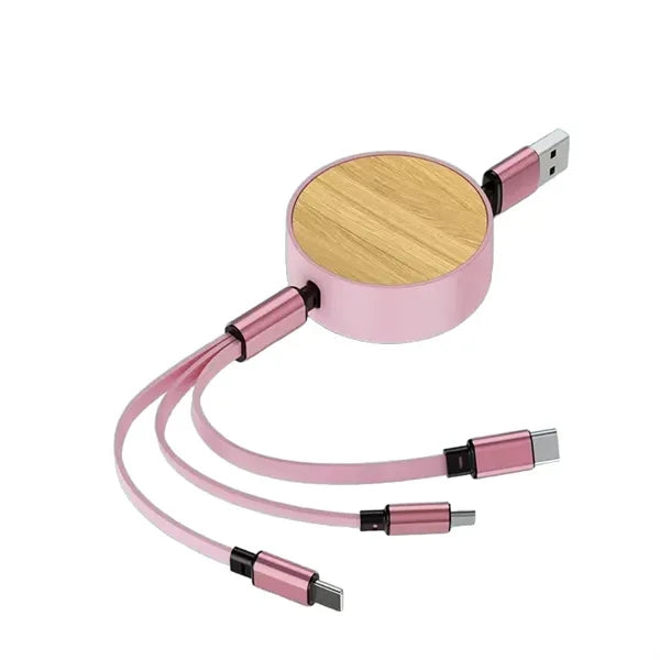 Wood Grain Retractable 3-In-1 Fast Charge Data Cable