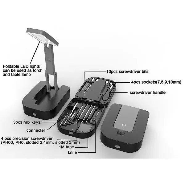 Compact Tool Kit with Foldable LED Work Lamp