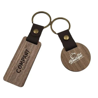 Engraved Wooden Keychain with Leather Strap Key Tags