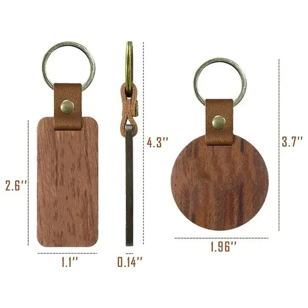 Engraved Wooden Keychain with Leather Strap Key Tags