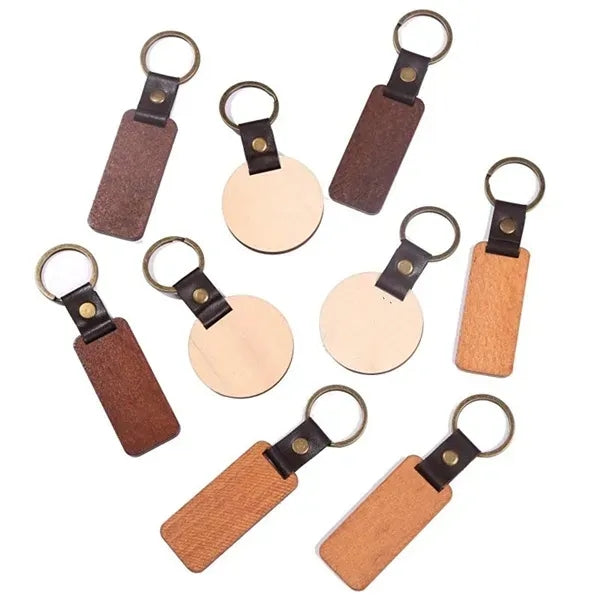 Engraved Wooden Keychain with Leather Strap Key Tags