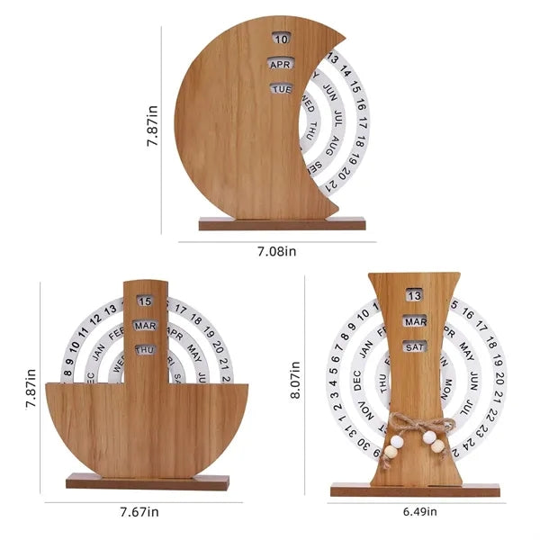 Wooden Rotating Disc Perpetual Office Home Desk Calendar