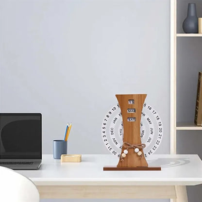 Wooden Rotating Disc Perpetual Office Home Desk Calendar