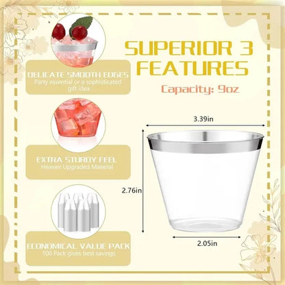9oz Clear Wedding Party Cocktail Gold Rimmed Plastic Cup