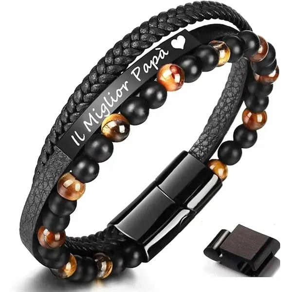 Triple Layer Beaded Braided Leather Bracelet with a Card