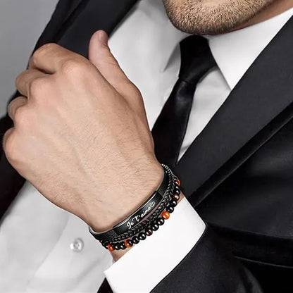 Triple Layer Beaded Braided Leather Bracelet with a Card
