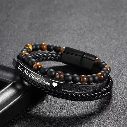 Triple Layer Beaded Braided Leather Bracelet with a Card