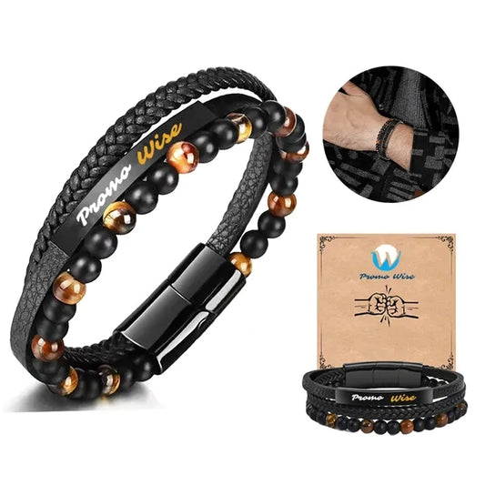 Triple Layer Beaded Braided Leather Bracelet with a Card