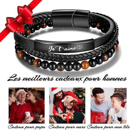 Triple Layer Beaded Braided Leather Bracelet with a Card