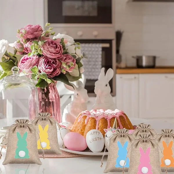 Easter Cute Bunny Imitation Linen Cloth Drawstring Gift Bag