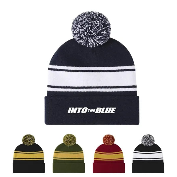 Striped Knit Pom Beanie