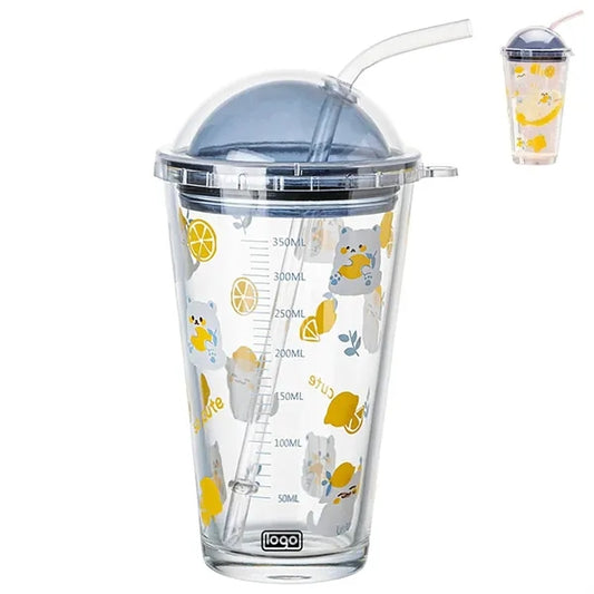 16Oz Heat-Resistant Cute Glass Cup W/ Straw