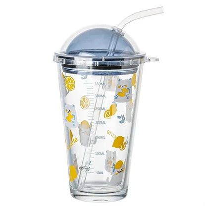 16Oz Heat-Resistant Cute Glass Cup W/ Straw