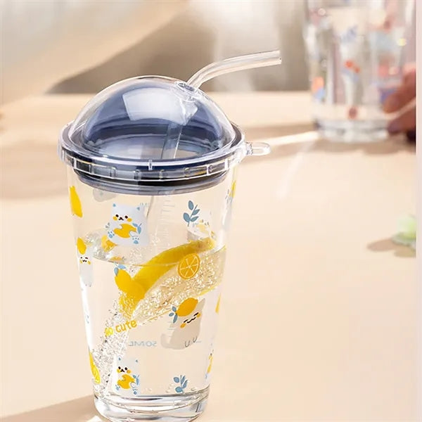 16Oz Heat-Resistant Cute Glass Cup W/ Straw