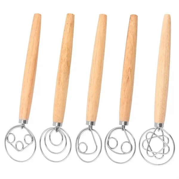 13" Wooden Handle Single Eye Dough Whisk