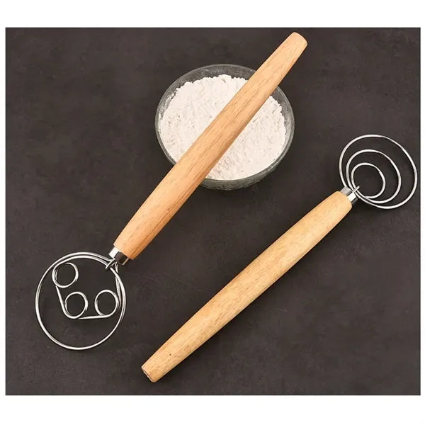13" Wooden Handle Single Eye Dough Whisk