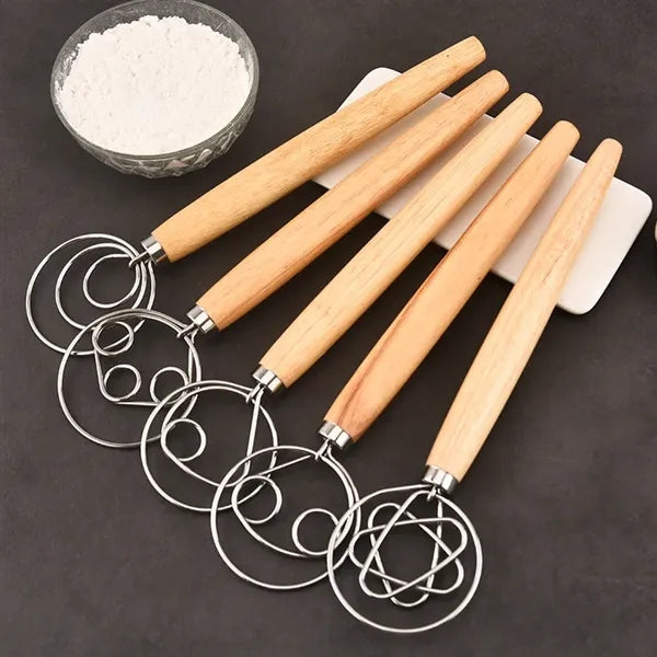 13" Wooden Handle Single Eye Dough Whisk
