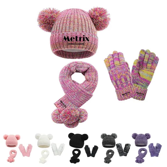 Kids' Winter Pom-Pom Hat, Scarf & Gloves Set