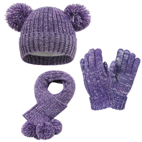 Kids' Winter Pom-Pom Hat, Scarf & Gloves Set