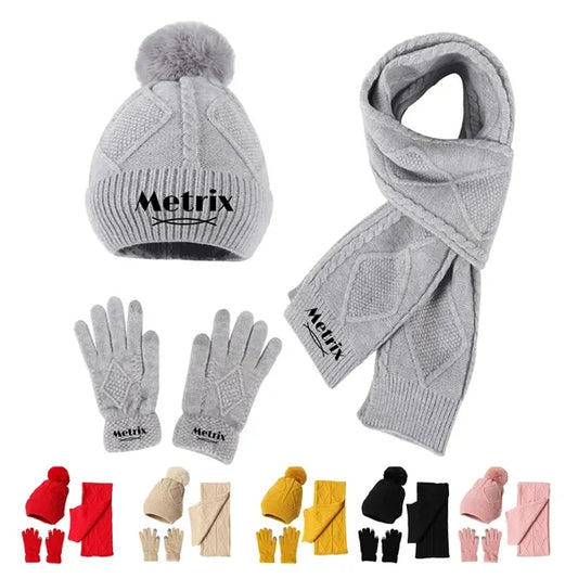Pom-Pom Knit Winter Hat, Scarf, and Gloves Set