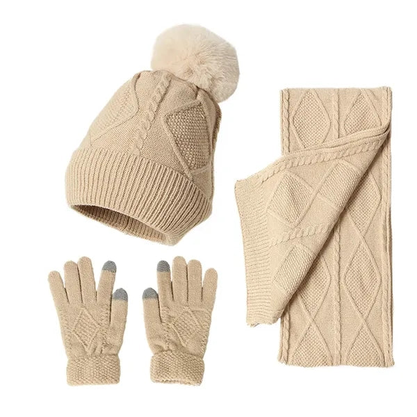Pom-Pom Knit Winter Hat, Scarf, and Gloves Set