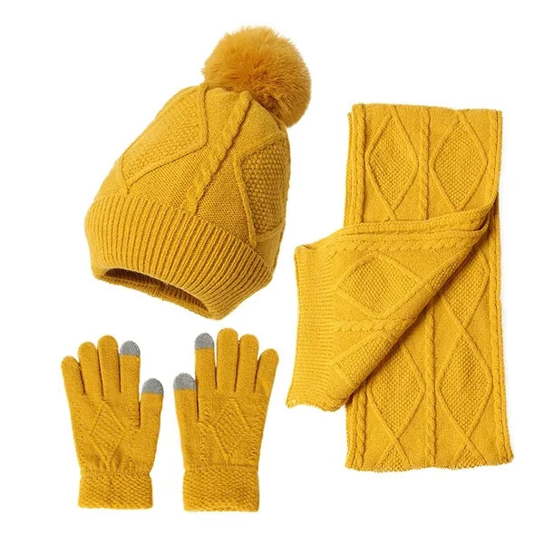 Pom-Pom Knit Winter Hat, Scarf, and Gloves Set