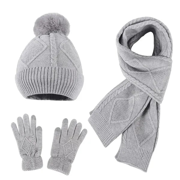 Pom-Pom Knit Winter Hat, Scarf, and Gloves Set