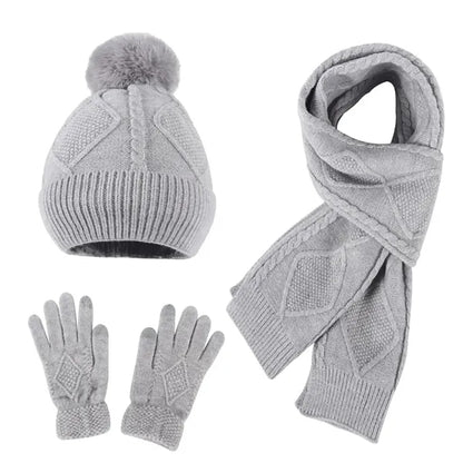 Pom-Pom Knit Winter Hat, Scarf, and Gloves Set