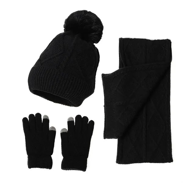 Pom-Pom Knit Winter Hat, Scarf, and Gloves Set