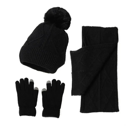 Pom-Pom Knit Winter Hat, Scarf, and Gloves Set