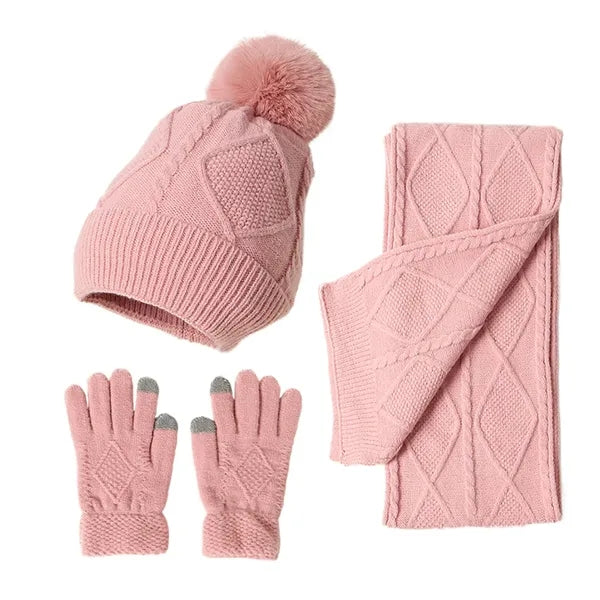 Pom-Pom Knit Winter Hat, Scarf, and Gloves Set