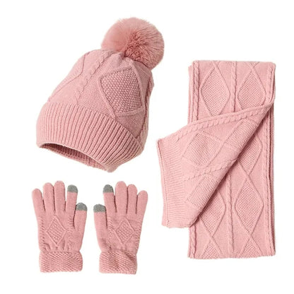 Pom-Pom Knit Winter Hat, Scarf, and Gloves Set