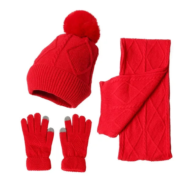 Pom-Pom Knit Winter Hat, Scarf, and Gloves Set