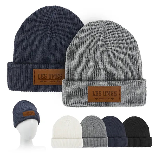 Cuffed Knit Beanie with Faux Leather Patch