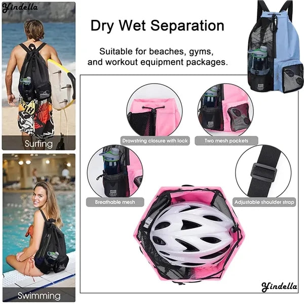 Mesh Backpack with Wet Pocket for Swimming Beach Bag