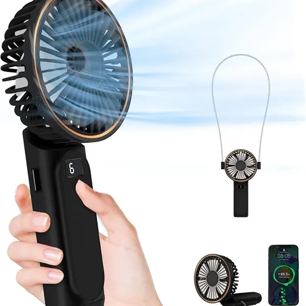 Foldable Rechargeable Handheld Fan Power Bank With Lanyard