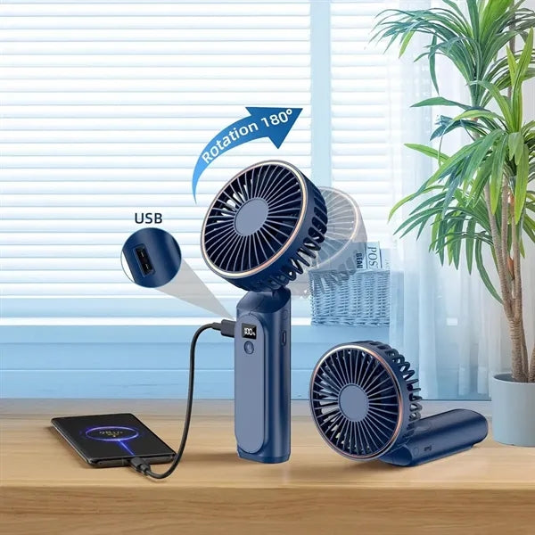 Foldable Rechargeable Handheld Fan Power Bank With Lanyard