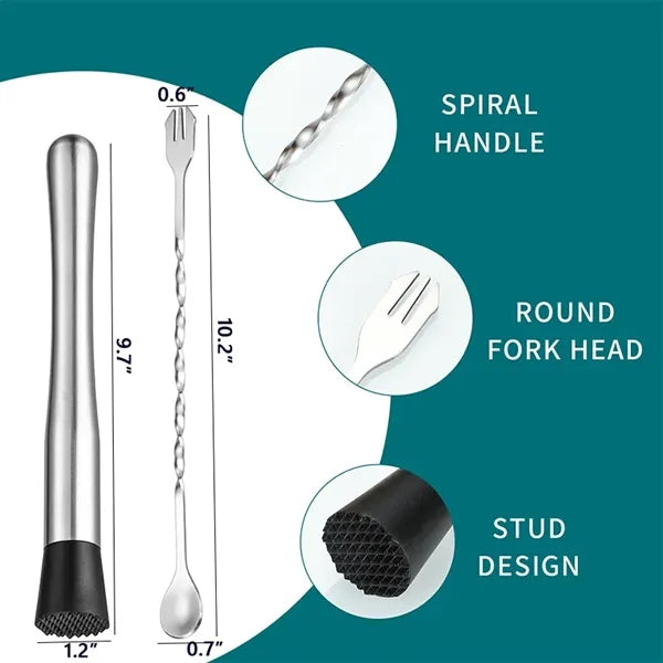 Stainless Steel Cocktail Muddler w/ 10 Inch Mixing Spoon