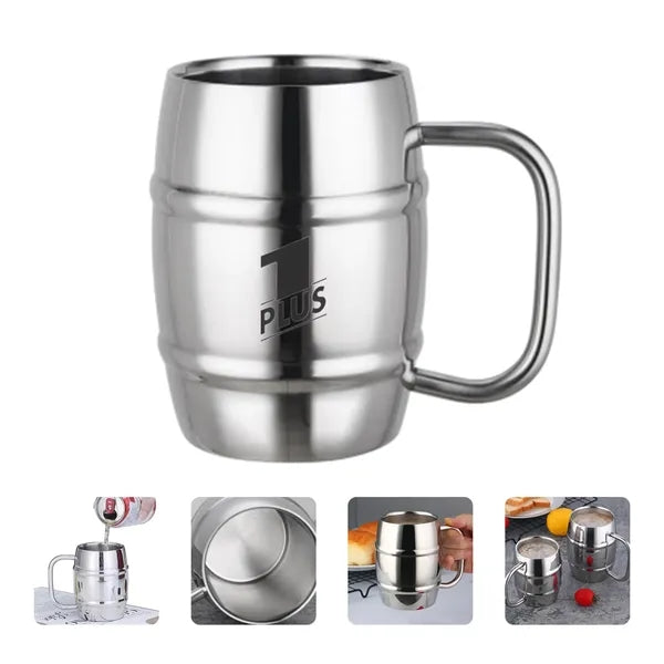 14 Oz Double Wall Stainless Steel Barrel Beer Mug w/Handle