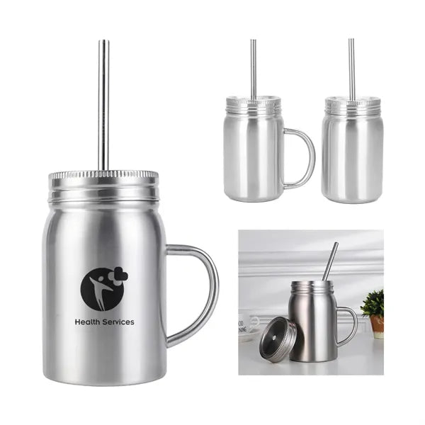 16 Oz Double Wall Insulated Mason Jar with Handle  Lid Straw