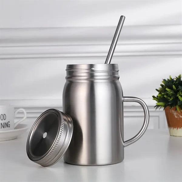 16 Oz Double Wall Insulated Mason Jar with Handle  Lid Straw