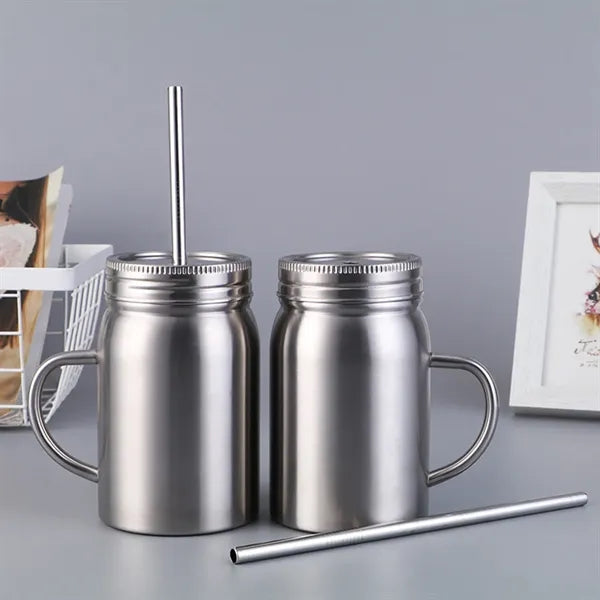 16 Oz Double Wall Insulated Mason Jar with Handle  Lid Straw