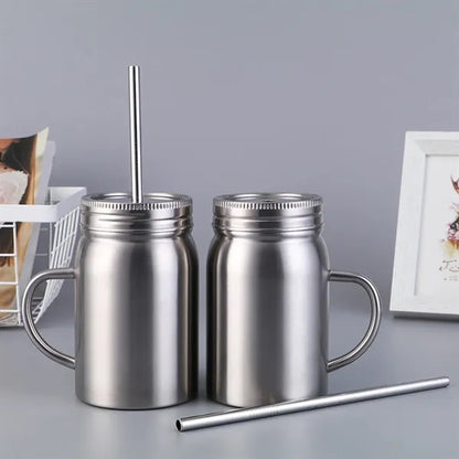 16 Oz Double Wall Insulated Mason Jar with Handle  Lid Straw