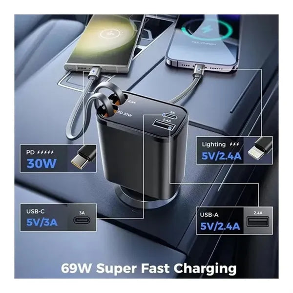 4 in 1 Fast Charging 69W Retractable Car Charger