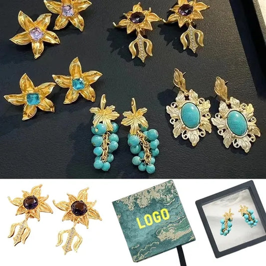 Women's French Retro Floral Natural Stone Earrings