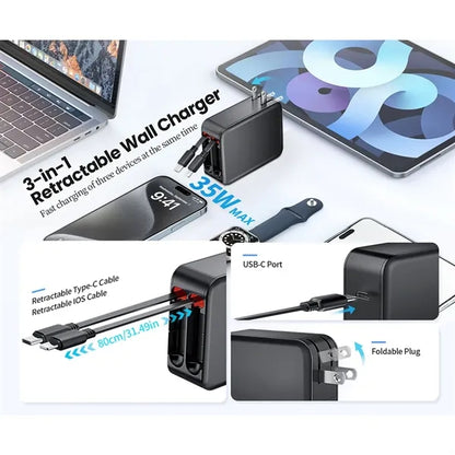 3 in 1 Portable Retractable Wall Charger with Fold-able Plug