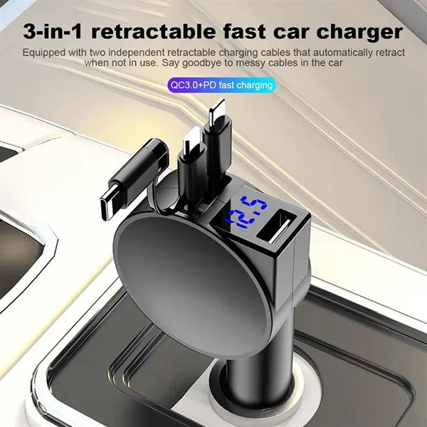 60W Retractable Car Phone Charger with Cables Fast Charging