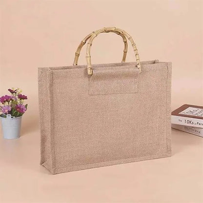 Large Jute Tote Bag W/ Bamboo Handles