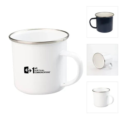 12 oz. White Enamel Mug Silver Rim With Case
