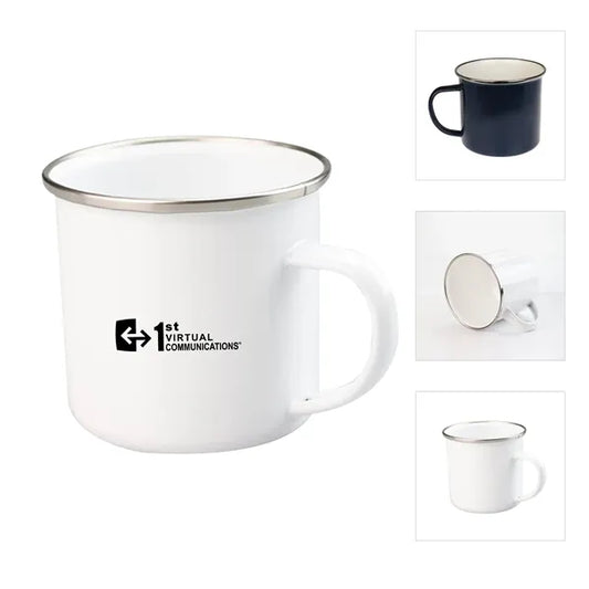 12 oz. White Enamel Mug Silver Rim With Case